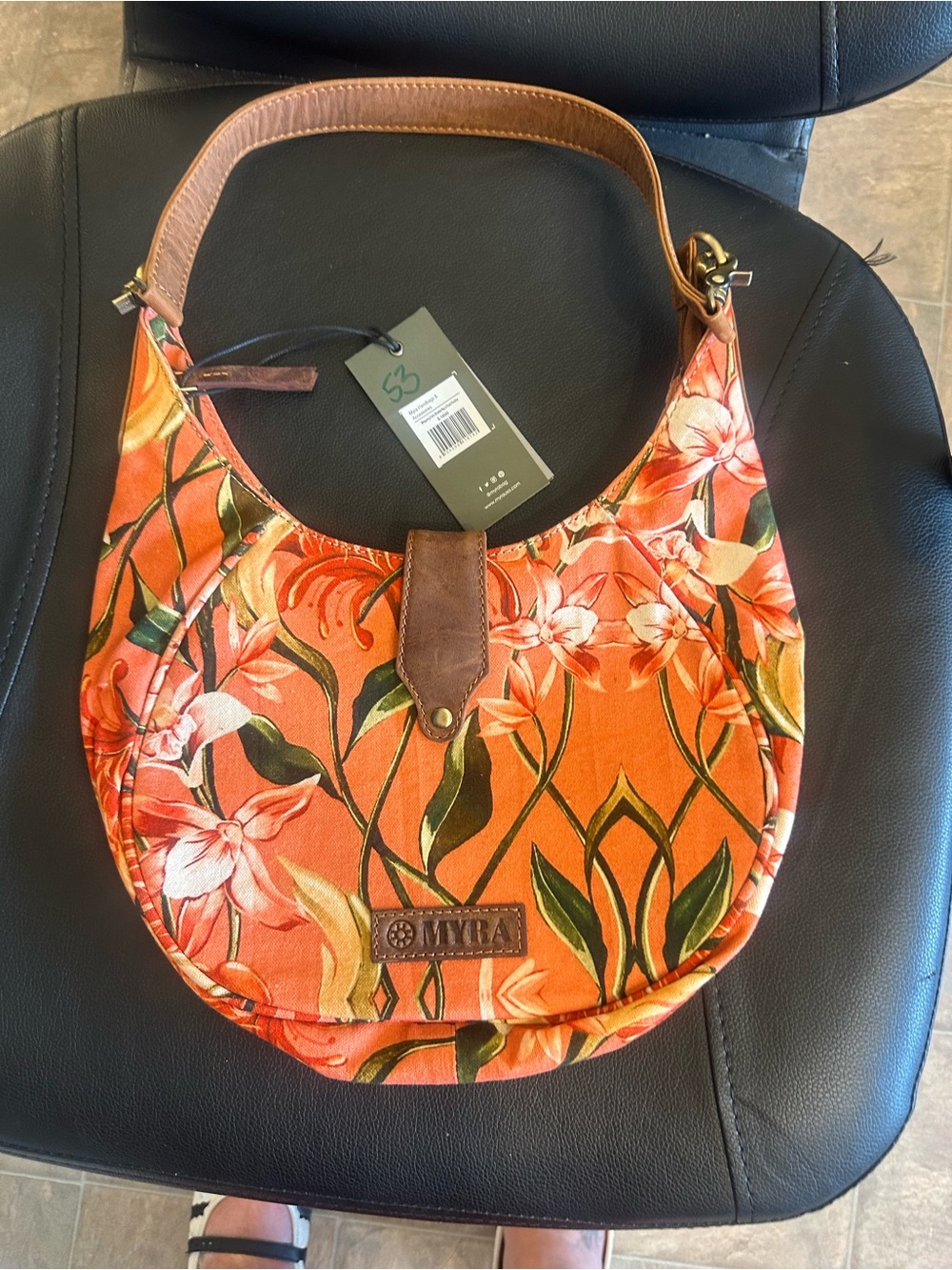 Myra Bag Orange Floral Crescent Shoulder Bag with Brown Accents